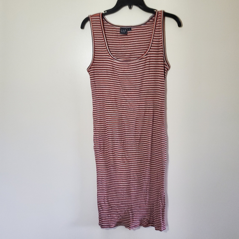 Gap Striped Red Navy Beige White Midi Stretch Ribbed Sleeveless Dress Size Med